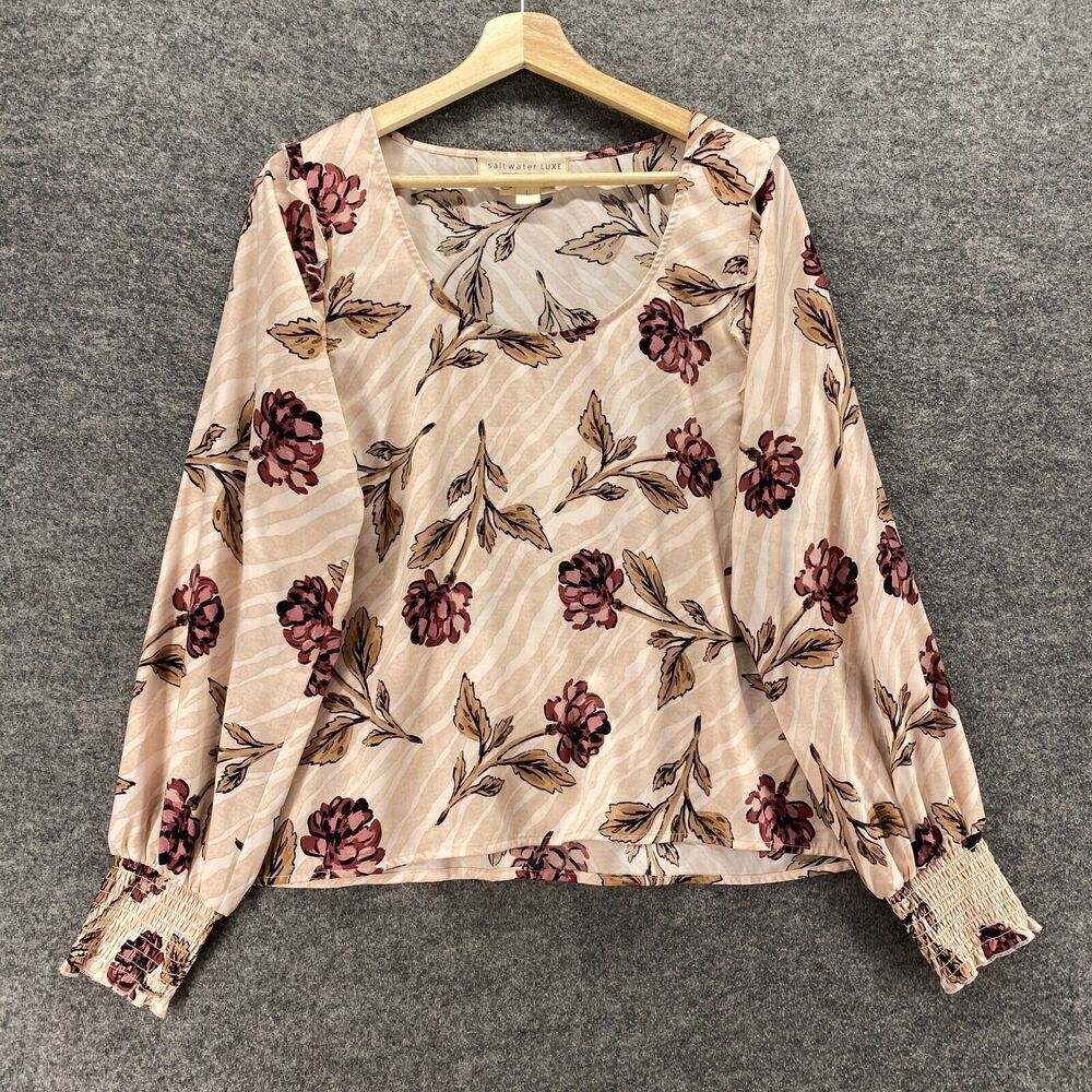 Saltwater Blouse Women L Large Beige Floral Long Sleeve Round Neck Pullover